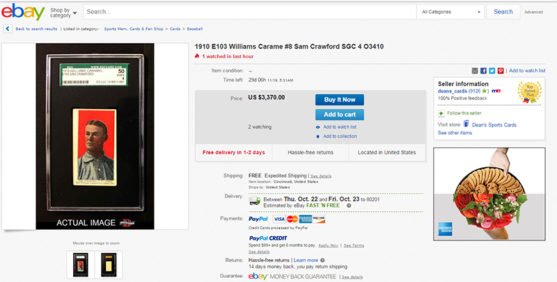 1910 E103 Crawford eBay Auction